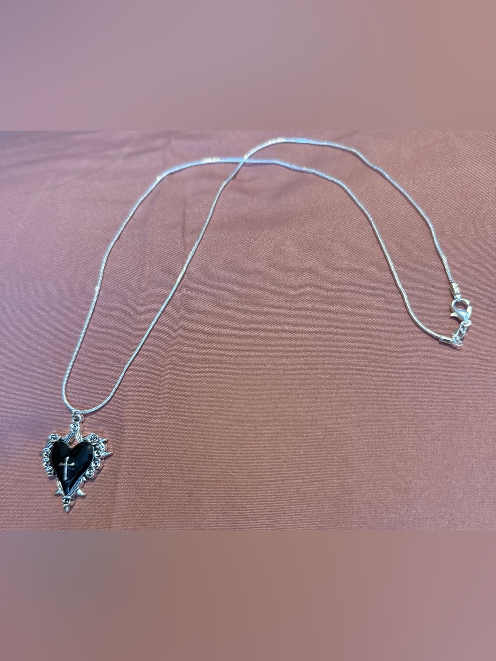 Sterling Silver 925 Heart Pendant Necklace with Black Stone